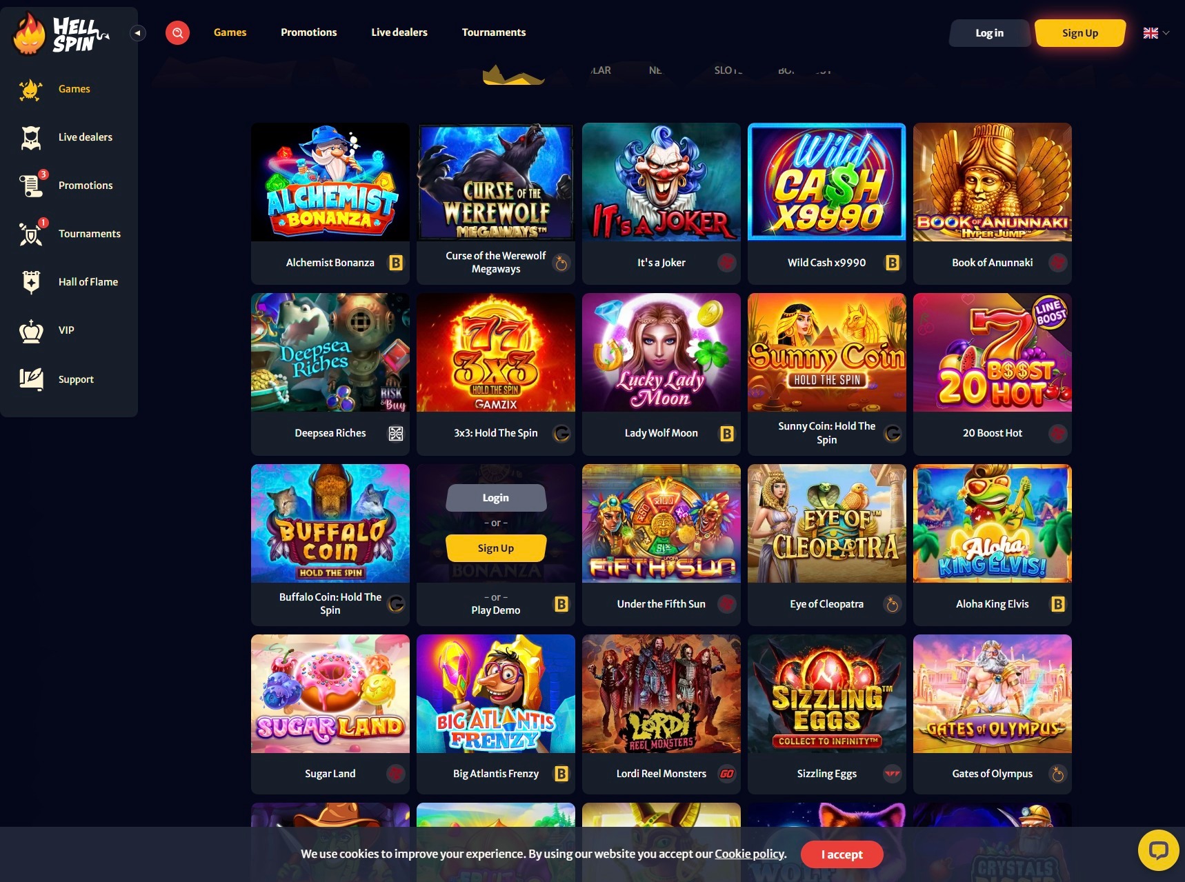 Hell Spin game lobby on desktop