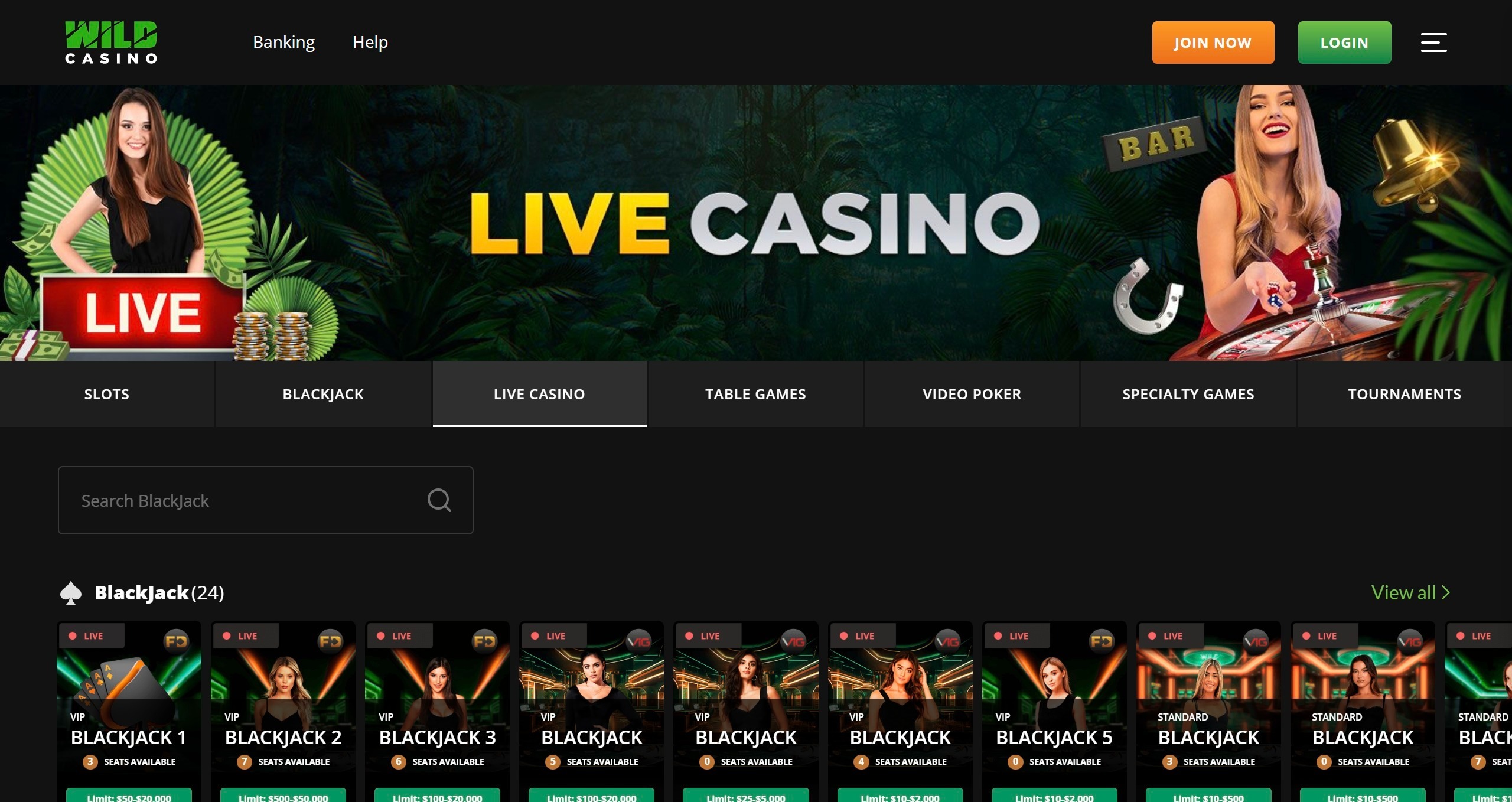 Wild Casino live casino lobby