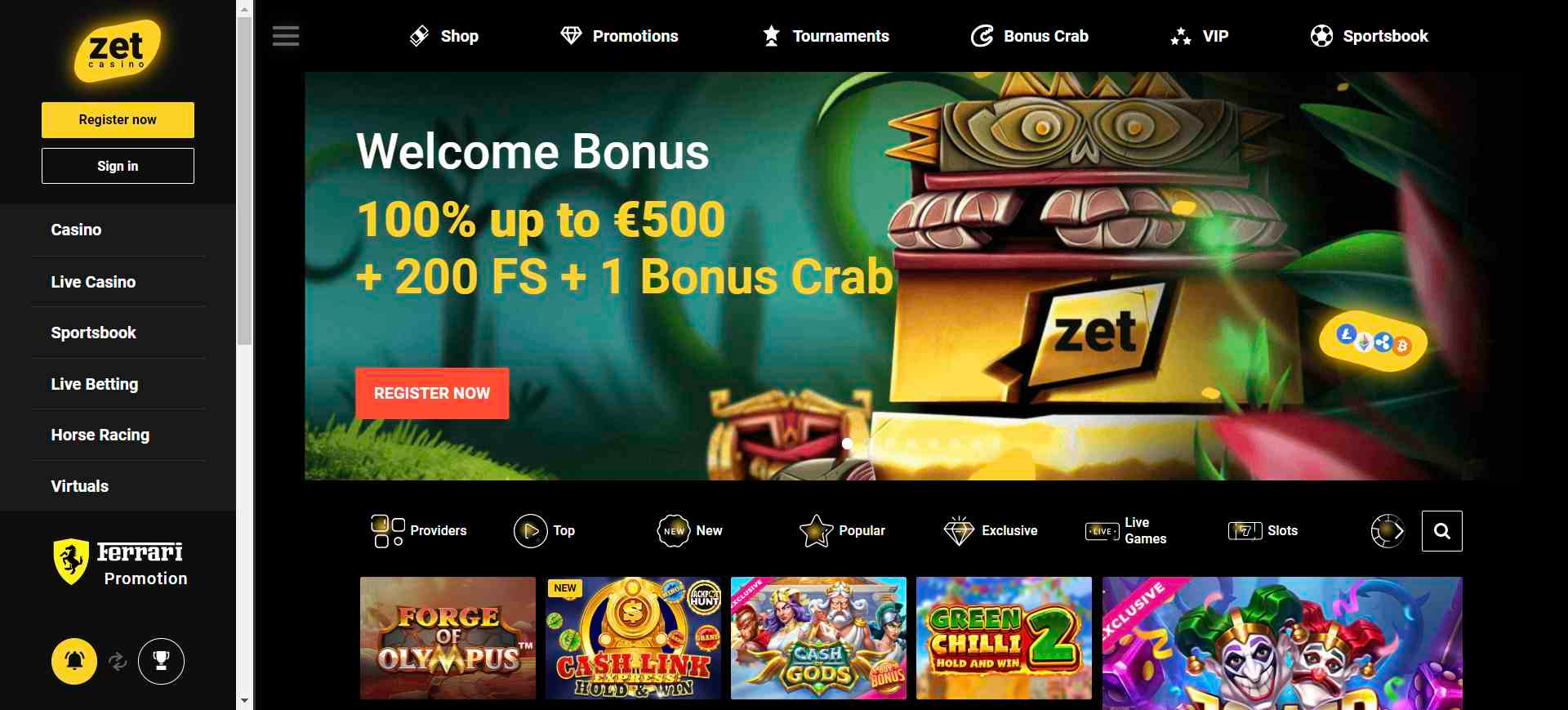 Zet Casino homepage on desktop