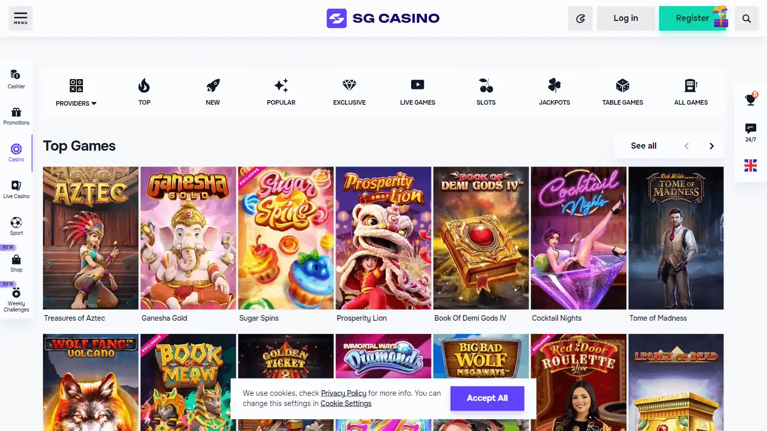 SG Casino homepage on desktop