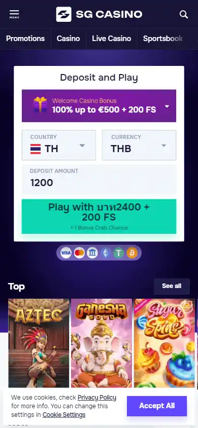 SG Casino homepage on mobile