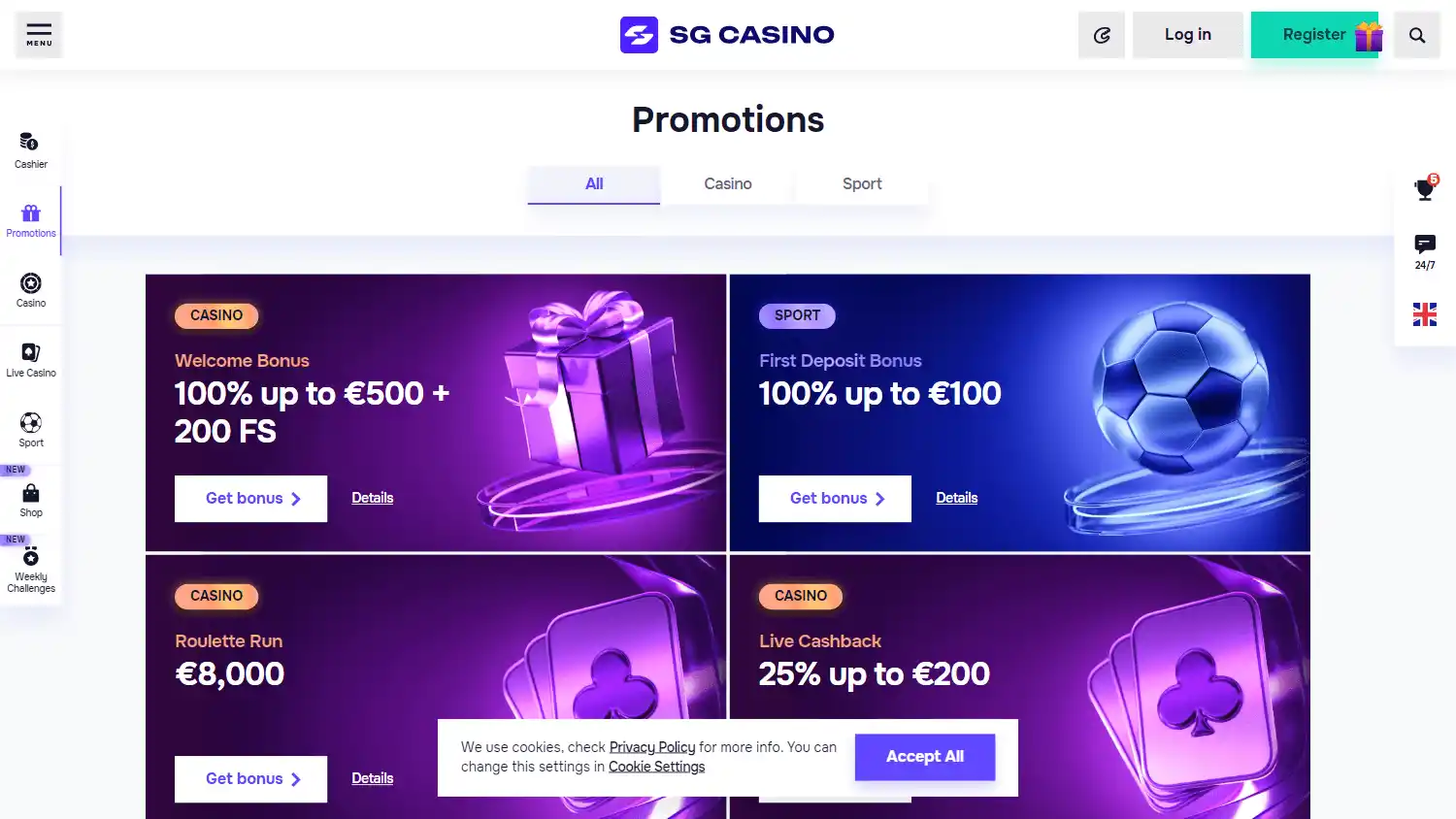 SG Casino promotions page on desktop