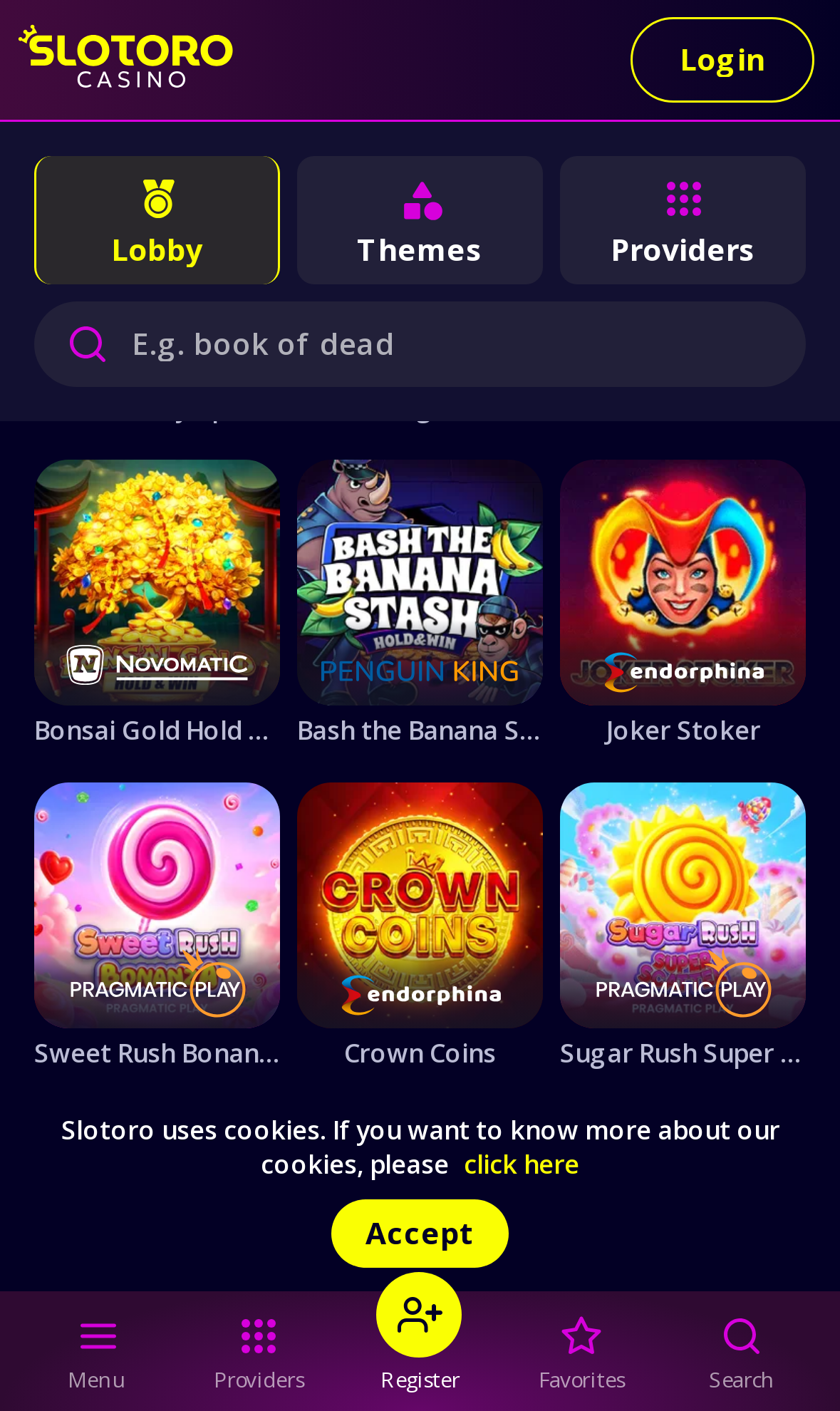 Slotoro Casino game lobby on mobile