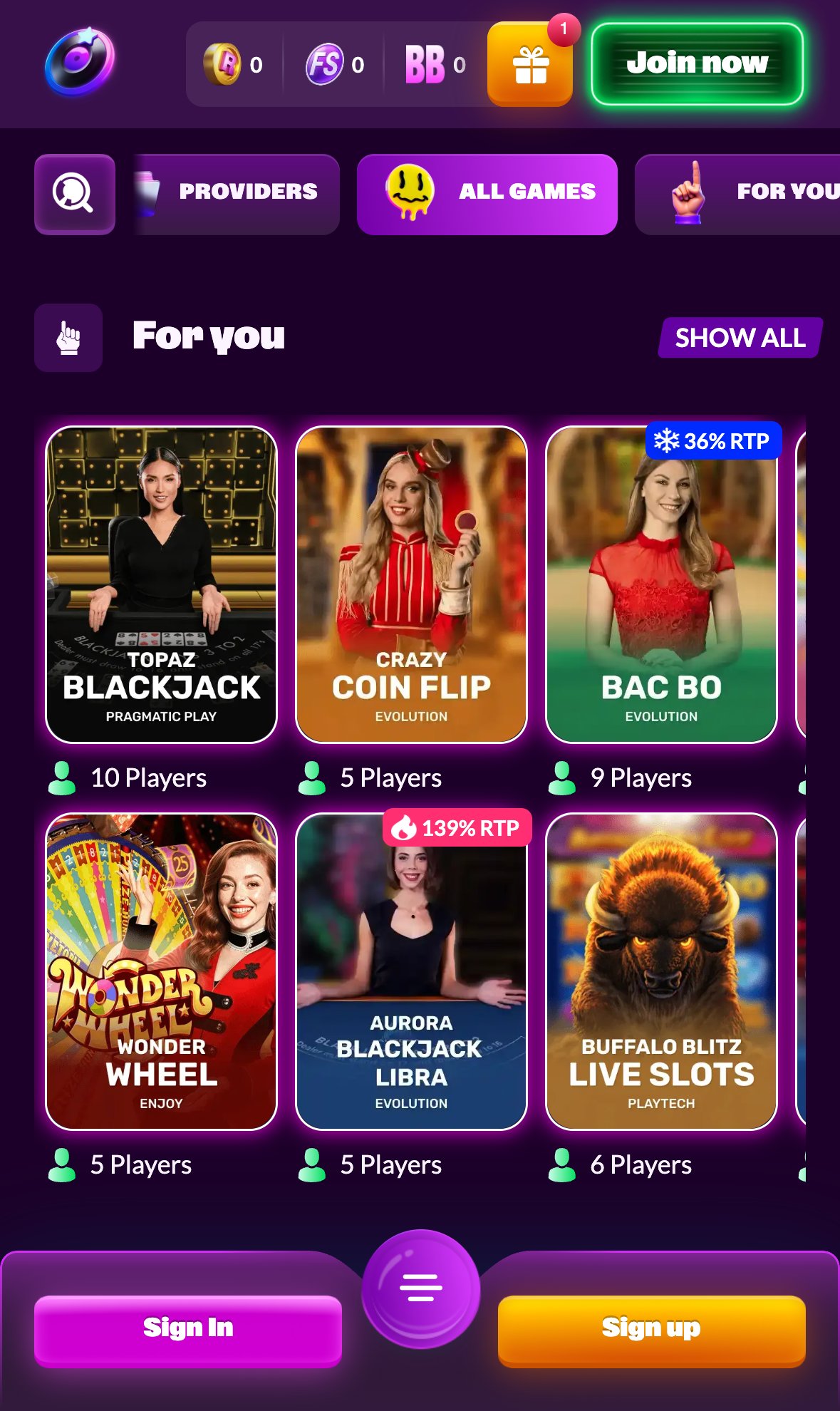 SlotRave Casino live casino lobby on mobile