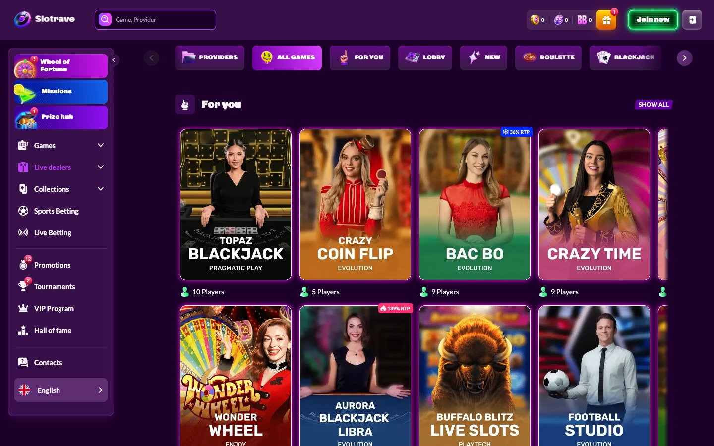 SlotRave Casino live casino lobby