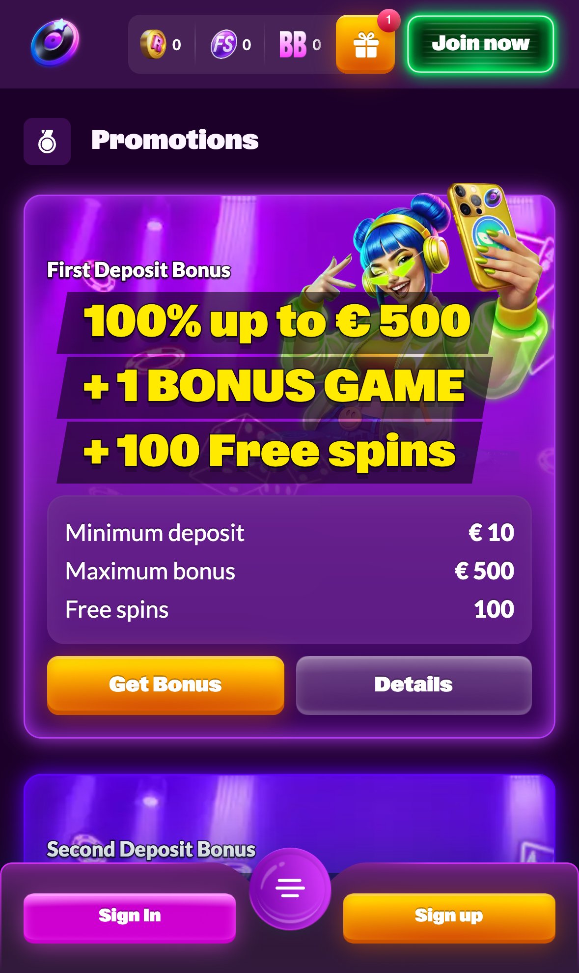 SlotRave Casino promotions page on mobile