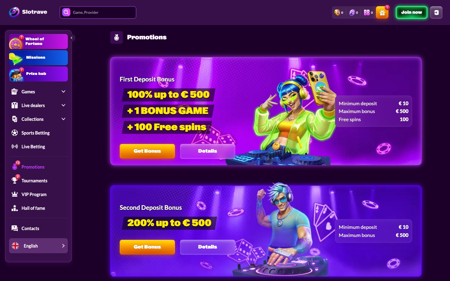 SlotRave Casino promotions page