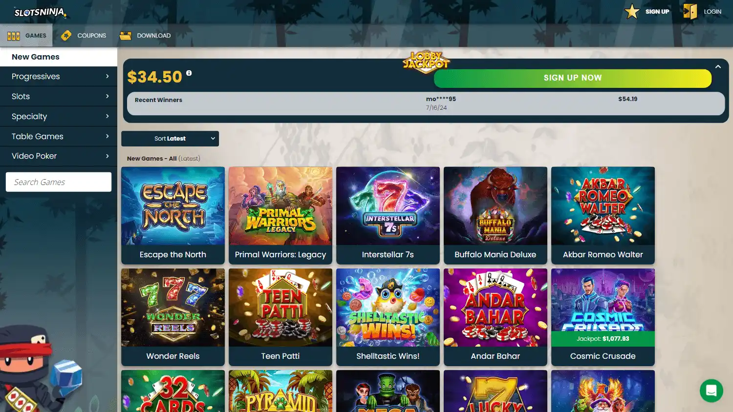 Slots Ninja game lobby: a left sidebar of New Games, Progressives, Slots, Specialty, Table Games and Video Poker beside a grid of Realtime Gaming titles