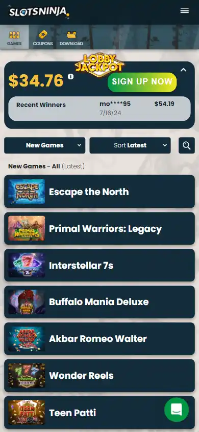 Slots Ninja game lobby on mobile showing the New Games list