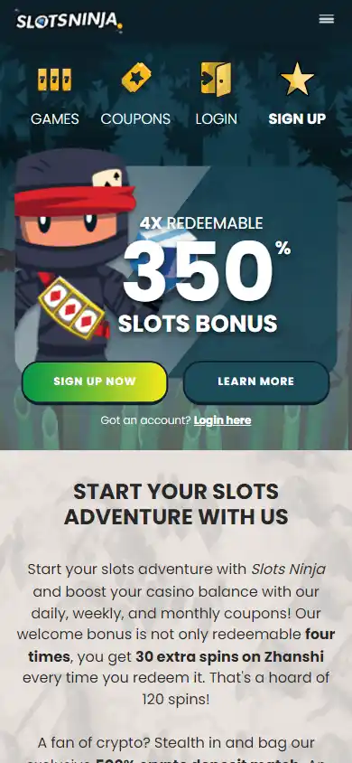 Slots Ninja homepage on mobile with the 350% slots-bonus hero