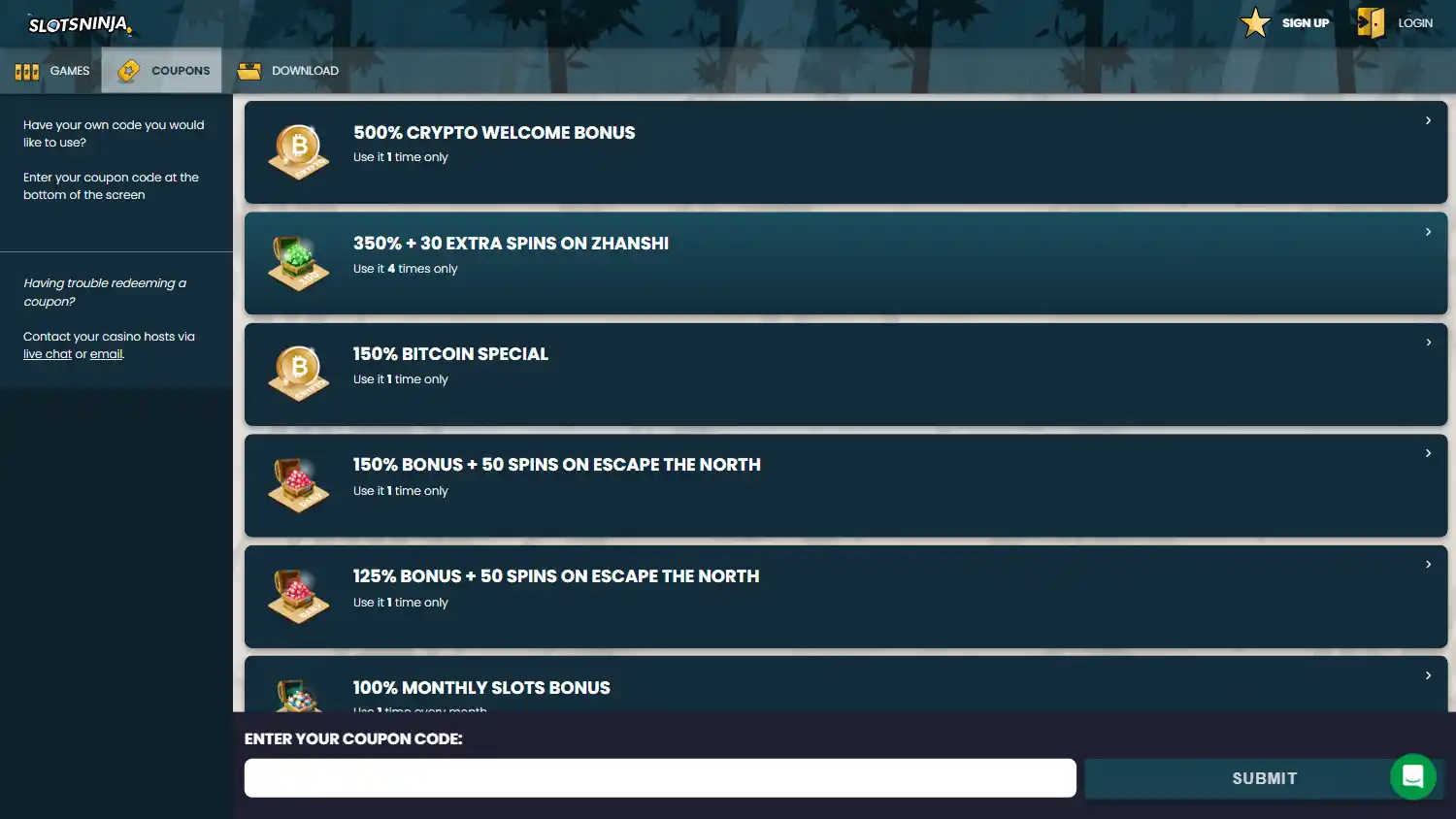 Slots Ninja coupons page listing slots and crypto bonus codes, each with a redemption limit, and a coupon-code entry box