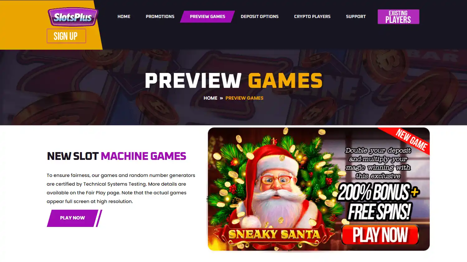 Slots Plus Casino games page on desktop