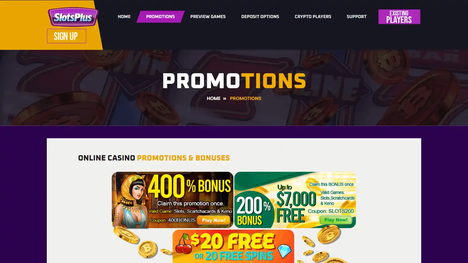 Slots Plus Casino promotions page on desktop