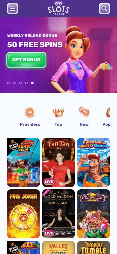 SlotsPalace Casino game lobby on mobile