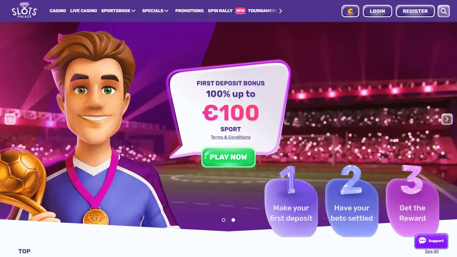 SlotsPalace Casino homepage on desktop