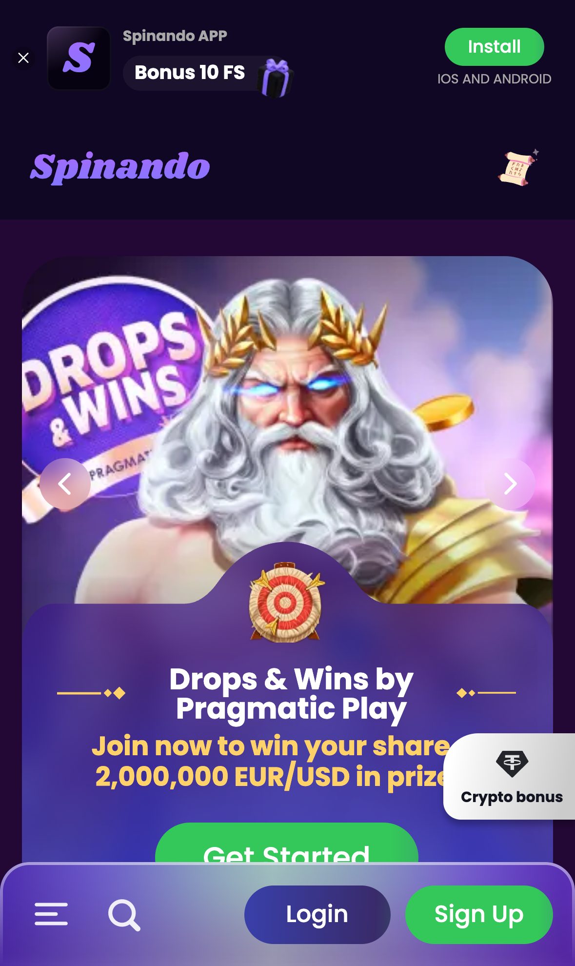 Spinando Casino homepage on mobile