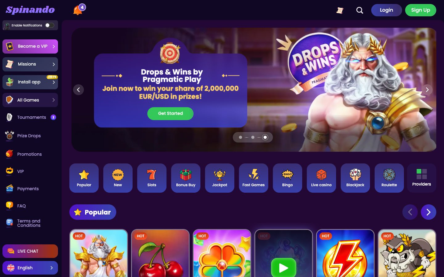 Spinando Casino homepage on desktop