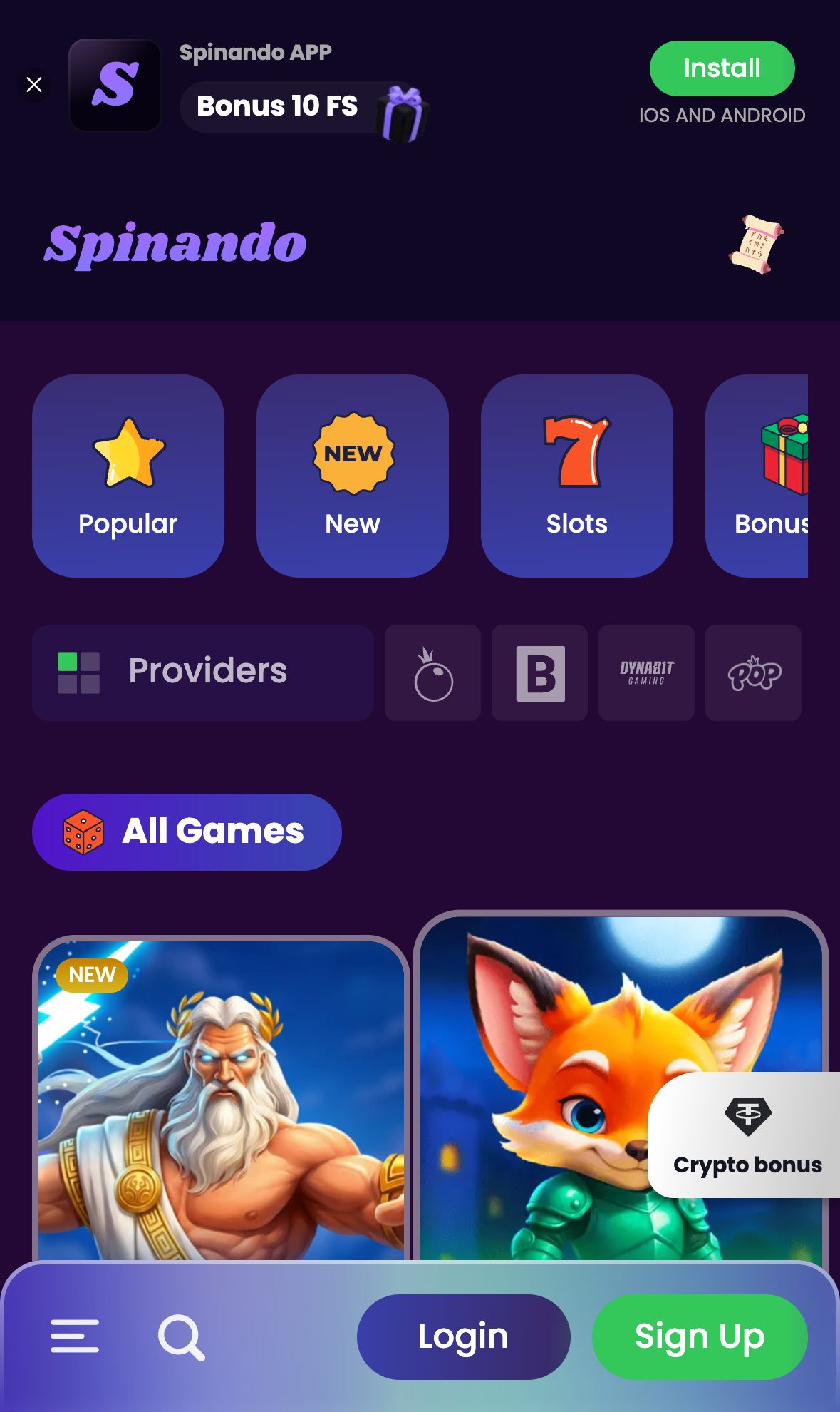 Spinando Casino game lobby on mobile