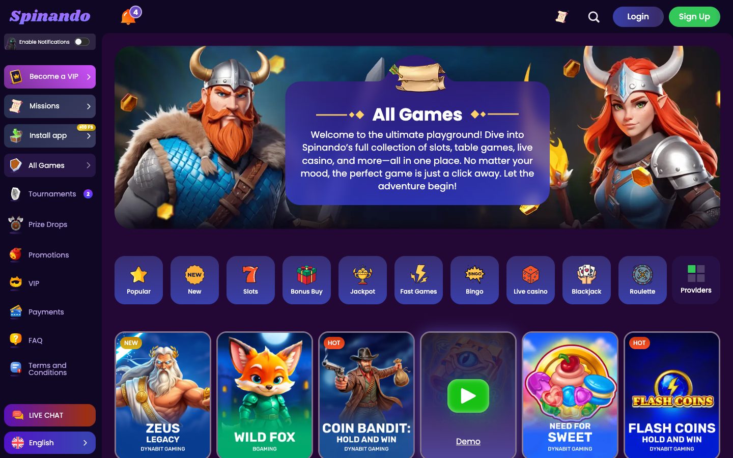 Spinando Casino game lobby