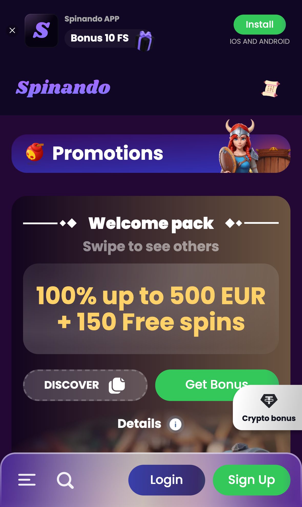 Spinando Casino promotions page on mobile
