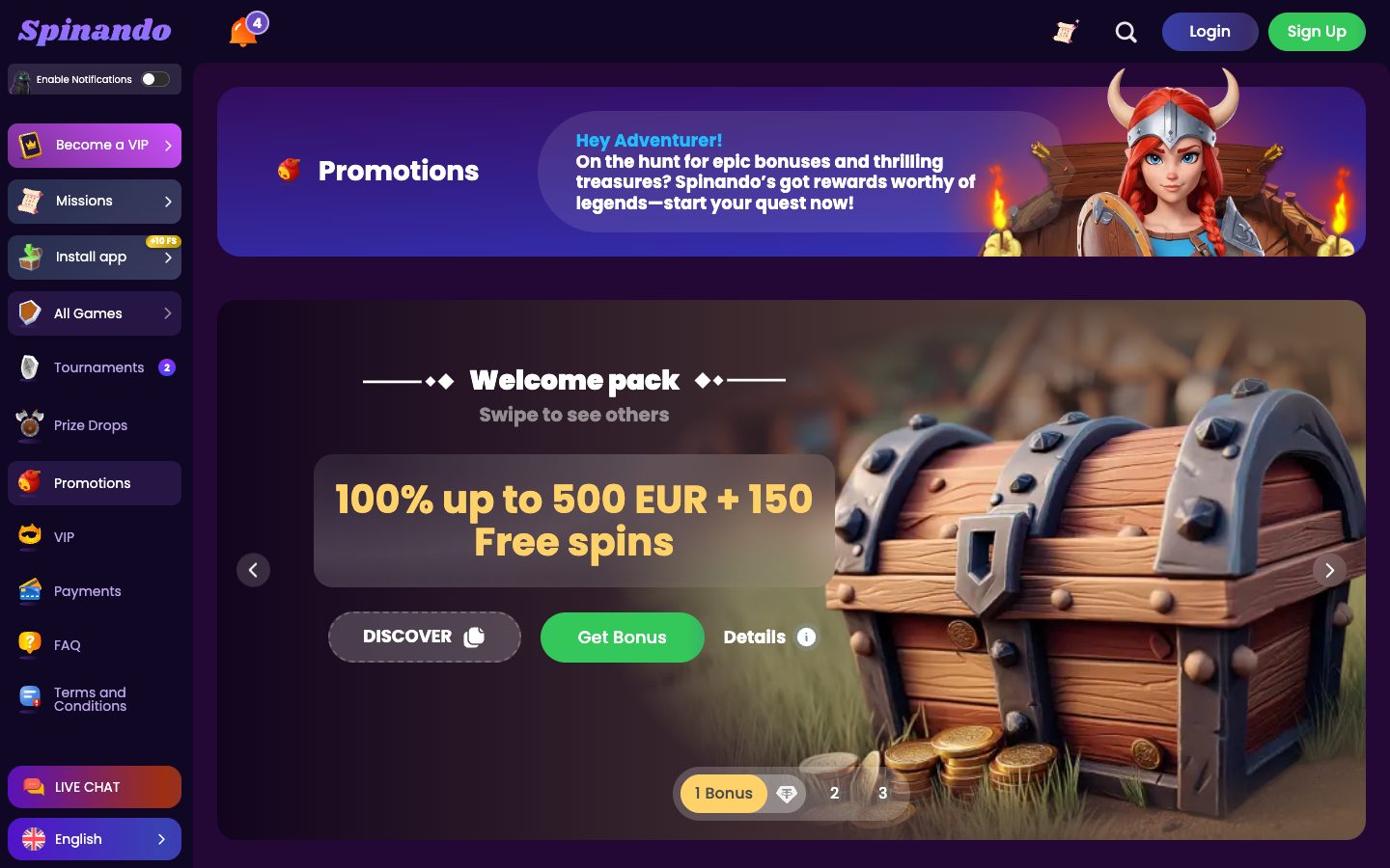 Spinando Casino promotions page