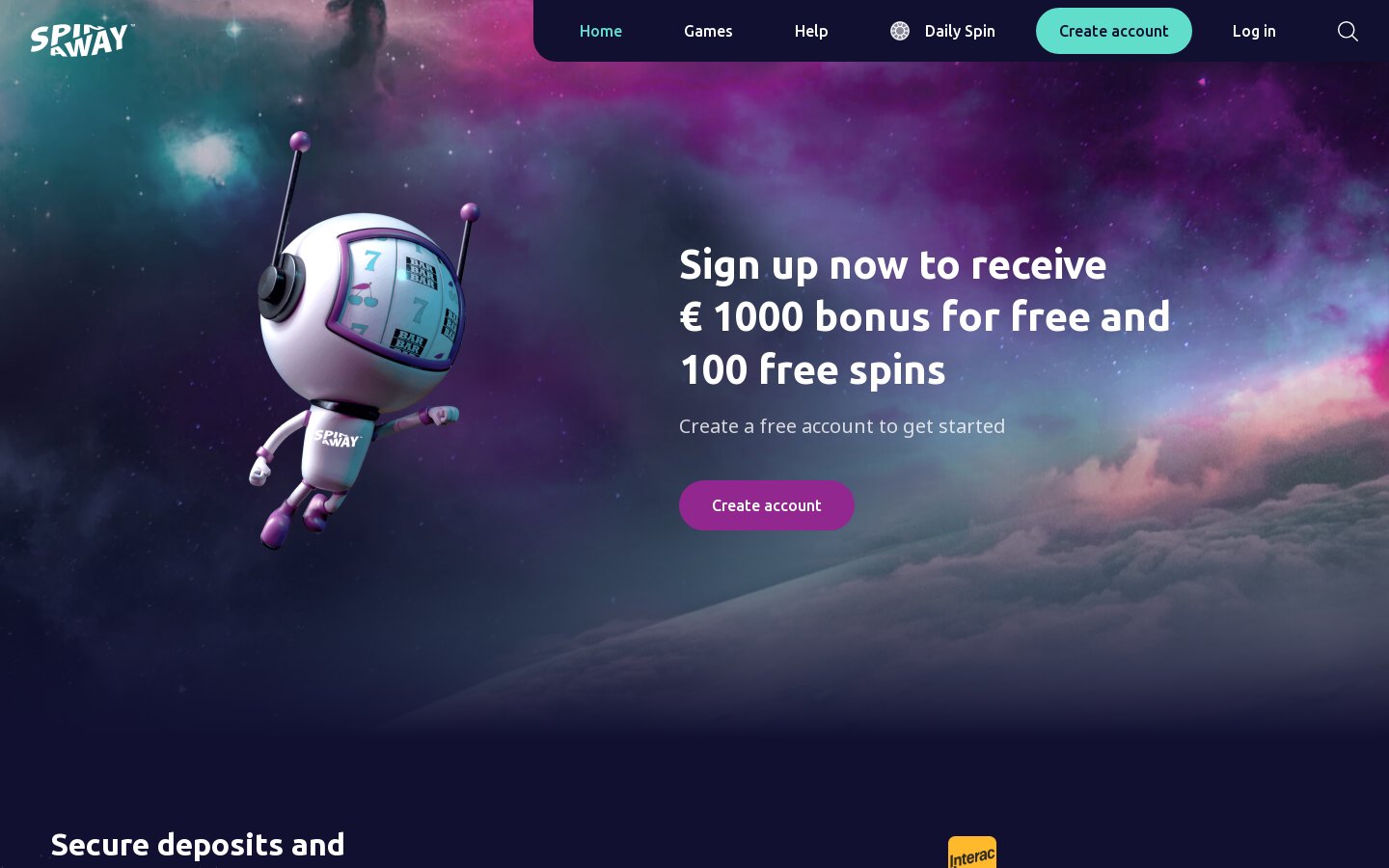 SpinAway Casino homepage on desktop