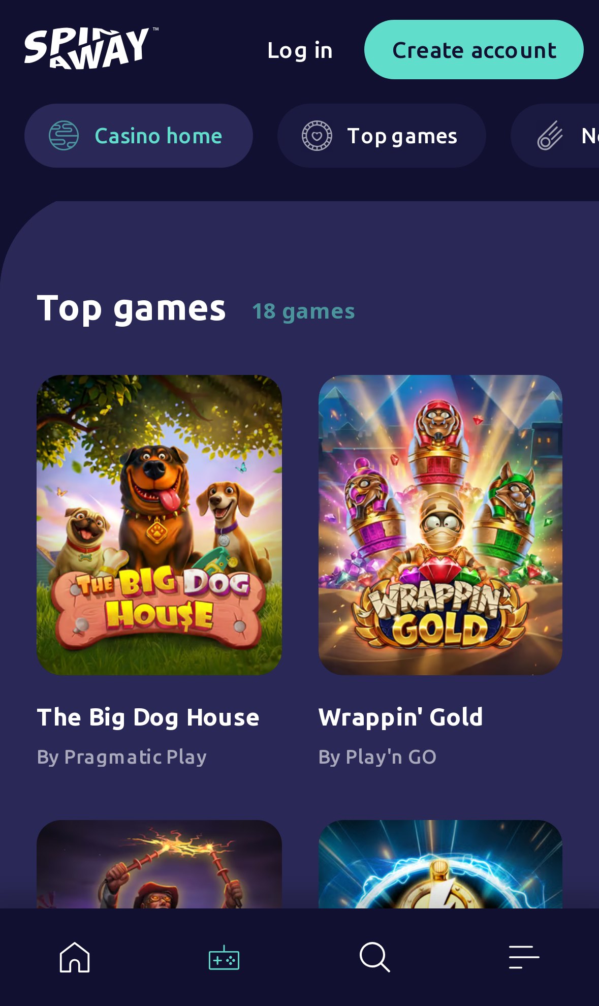 SpinAway Casino game lobby on mobile