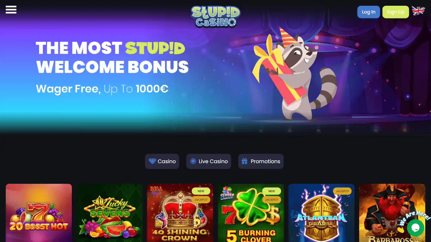 Stupid Casino homepage on desktop