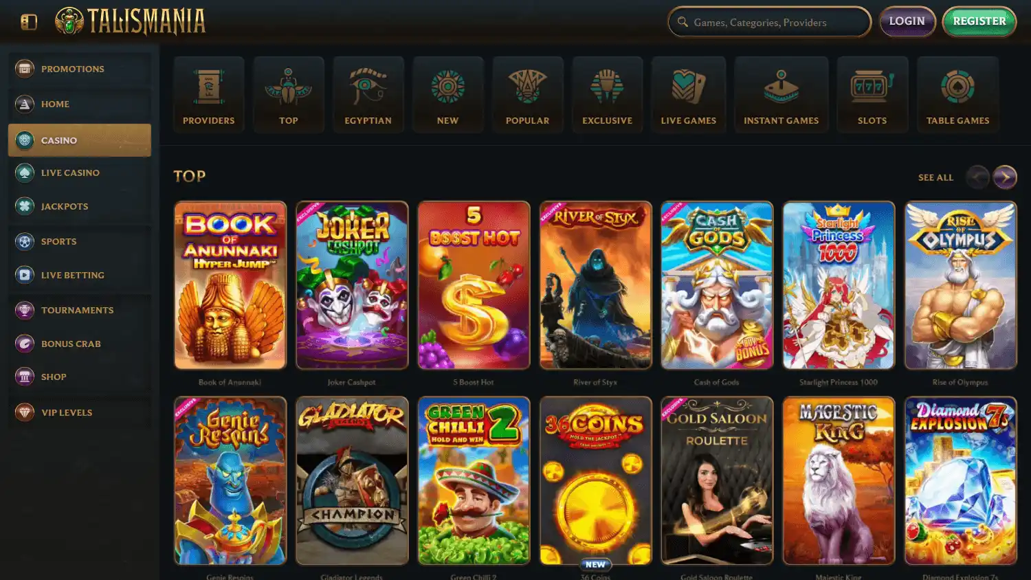 Talismania Casino game lobby on desktop