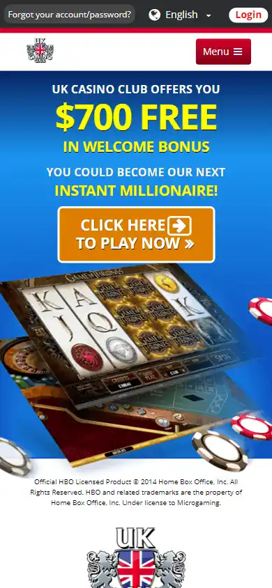 UK Casino Club homepage on mobile
