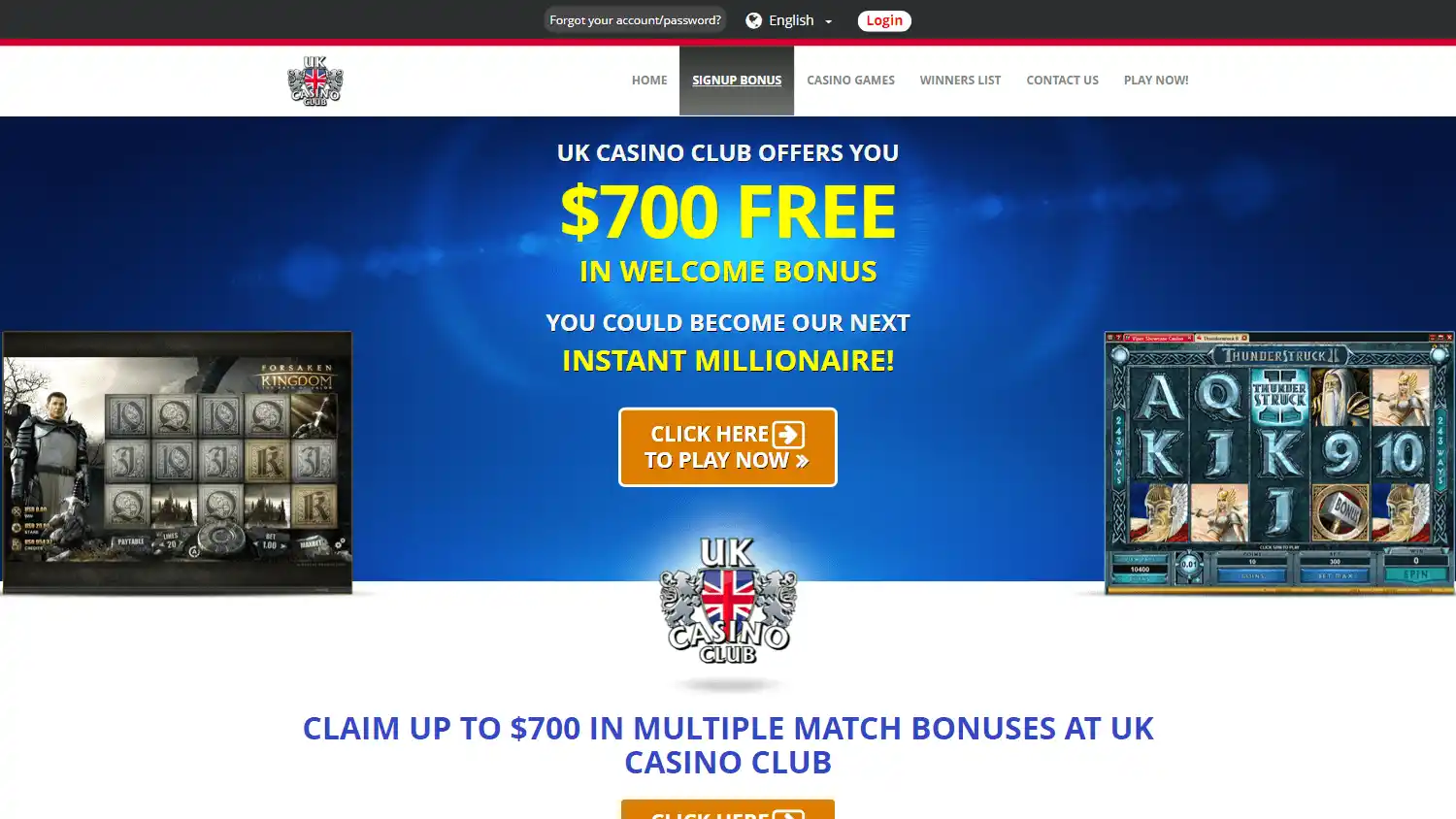 UK Casino Club signup bonus page on desktop