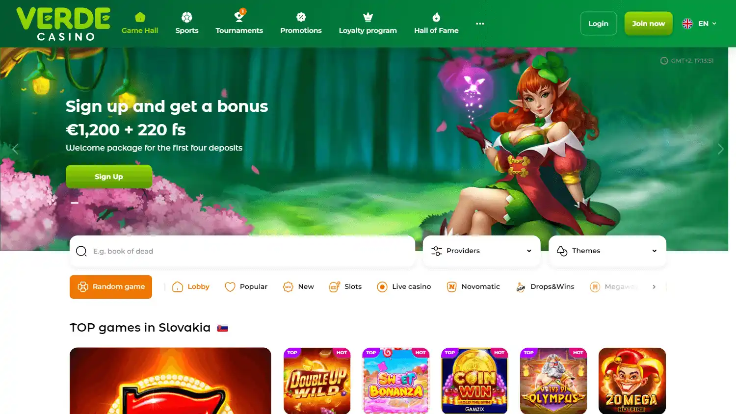 Verde Casino homepage on desktop