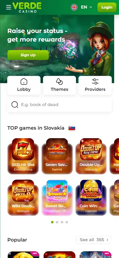 Verde Casino homepage on mobile