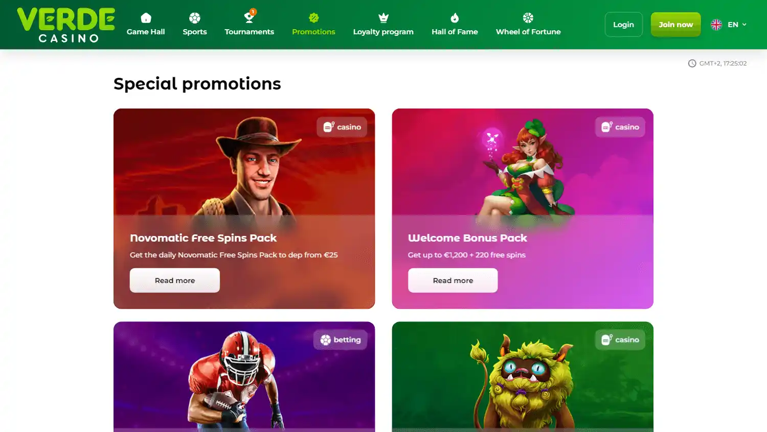 Verde Casino promotions page on desktop