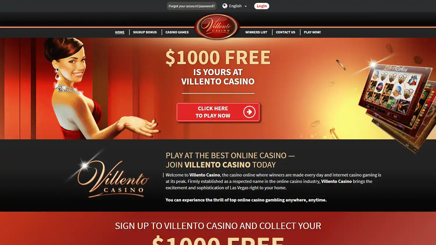 Villento Casino homepage on desktop