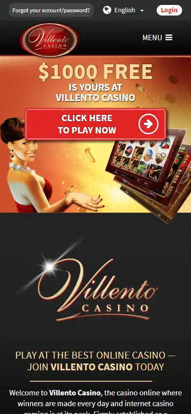 Villento Casino homepage on mobile