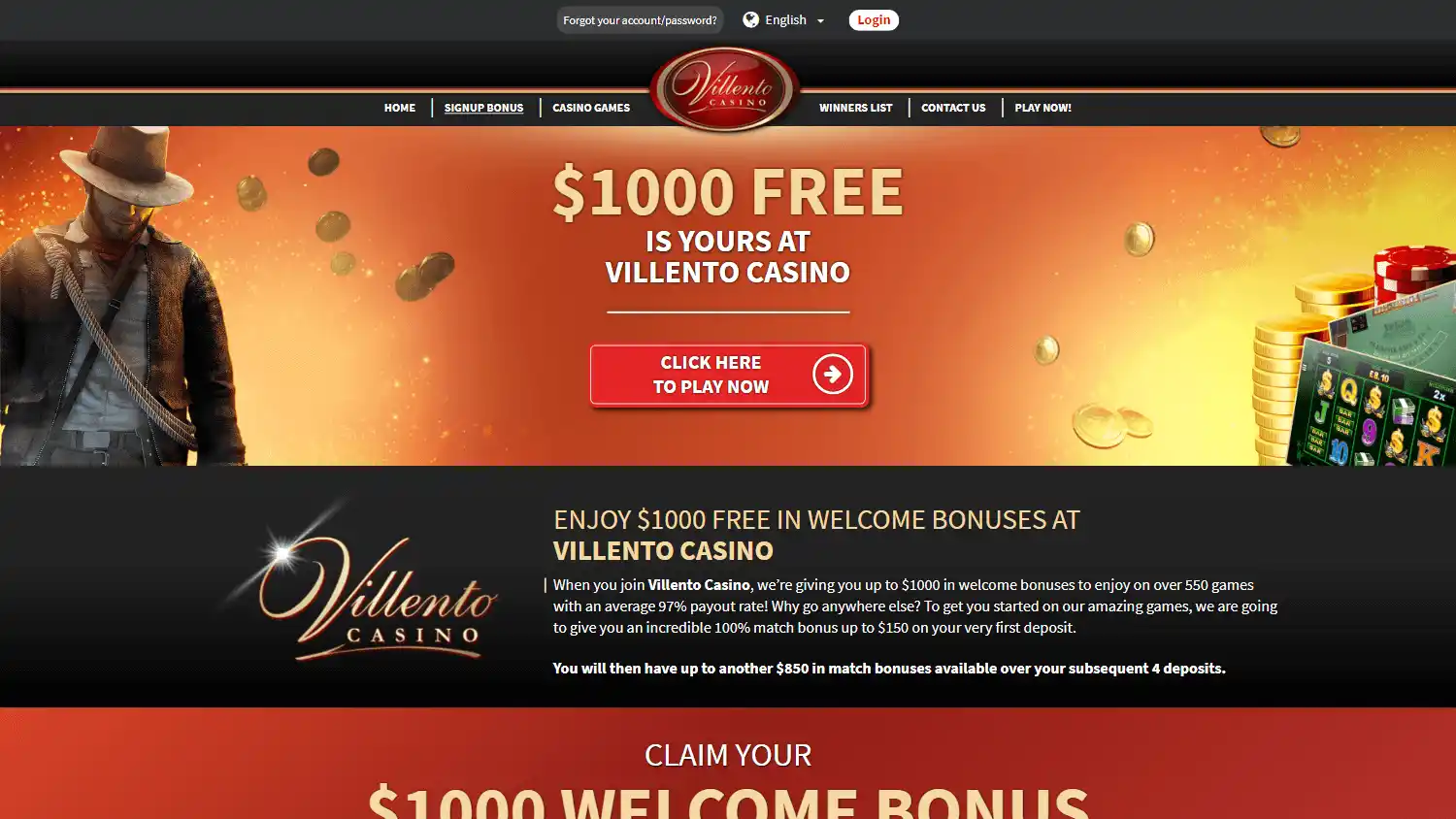 Villento Casino welcome bonus page on desktop