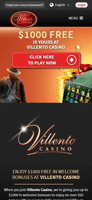 Villento Casino bonus page on mobile