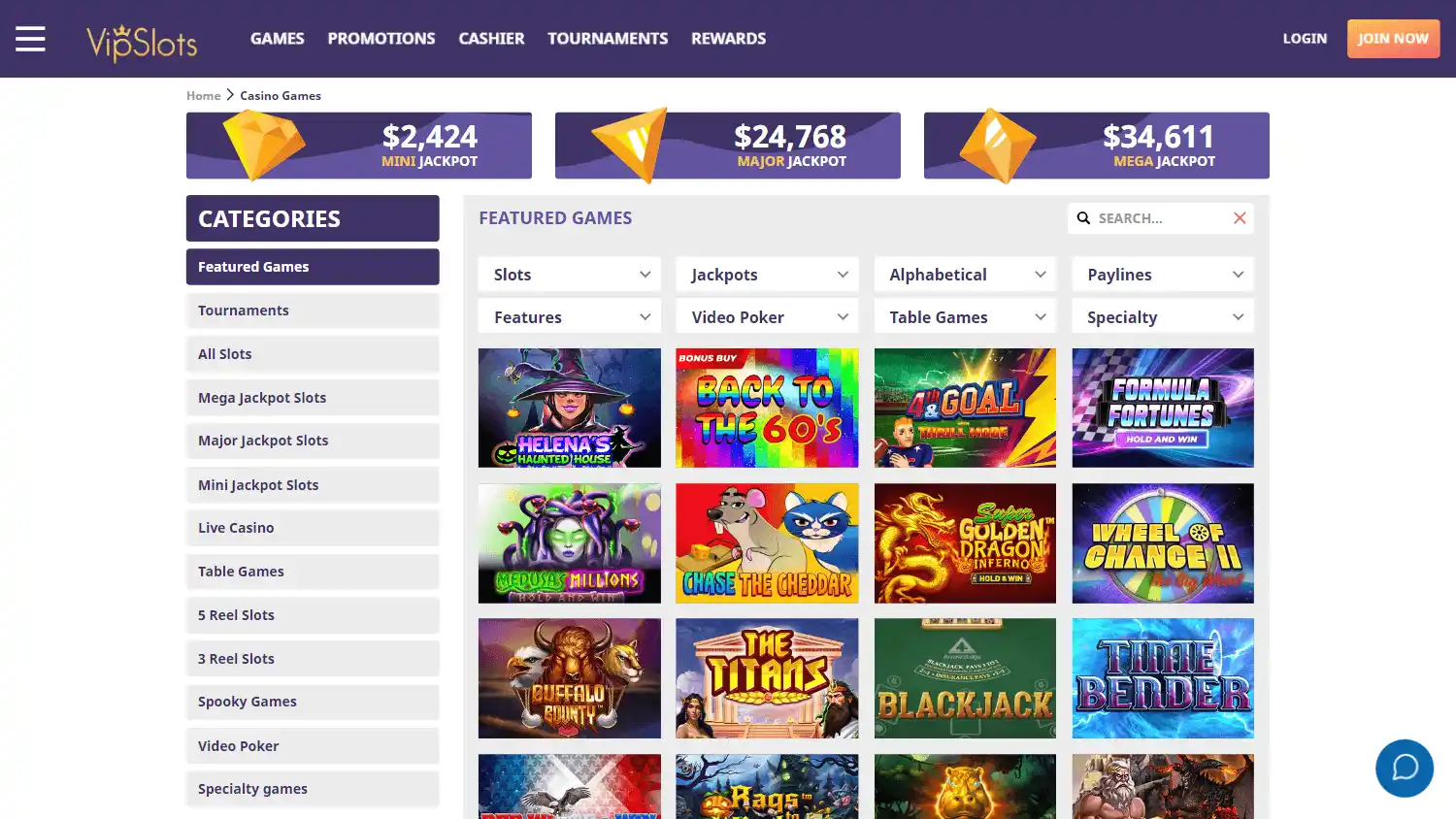 VIPSlots Casino game lobby on desktop
