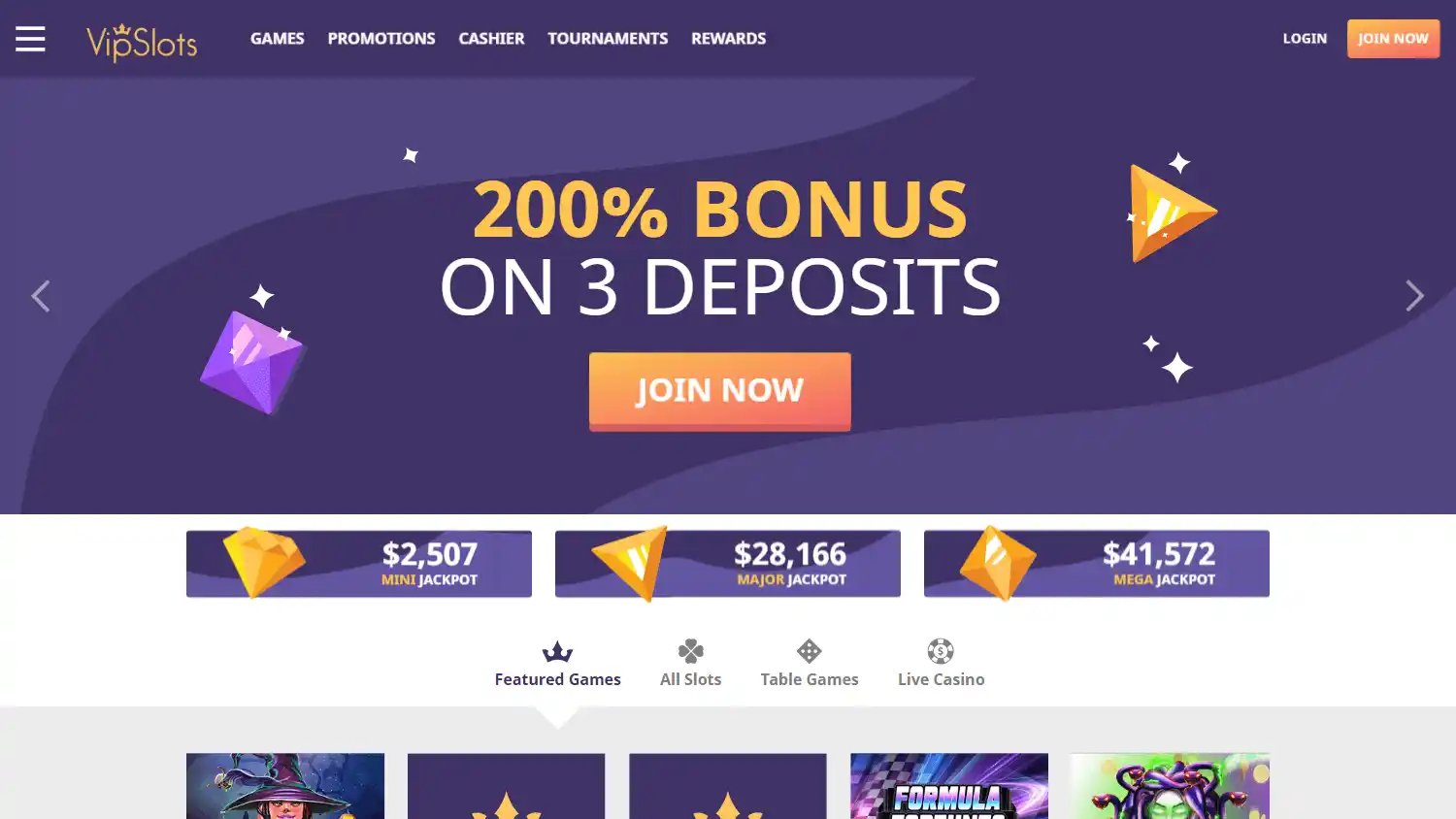 VIPSlots Casino homepage on desktop