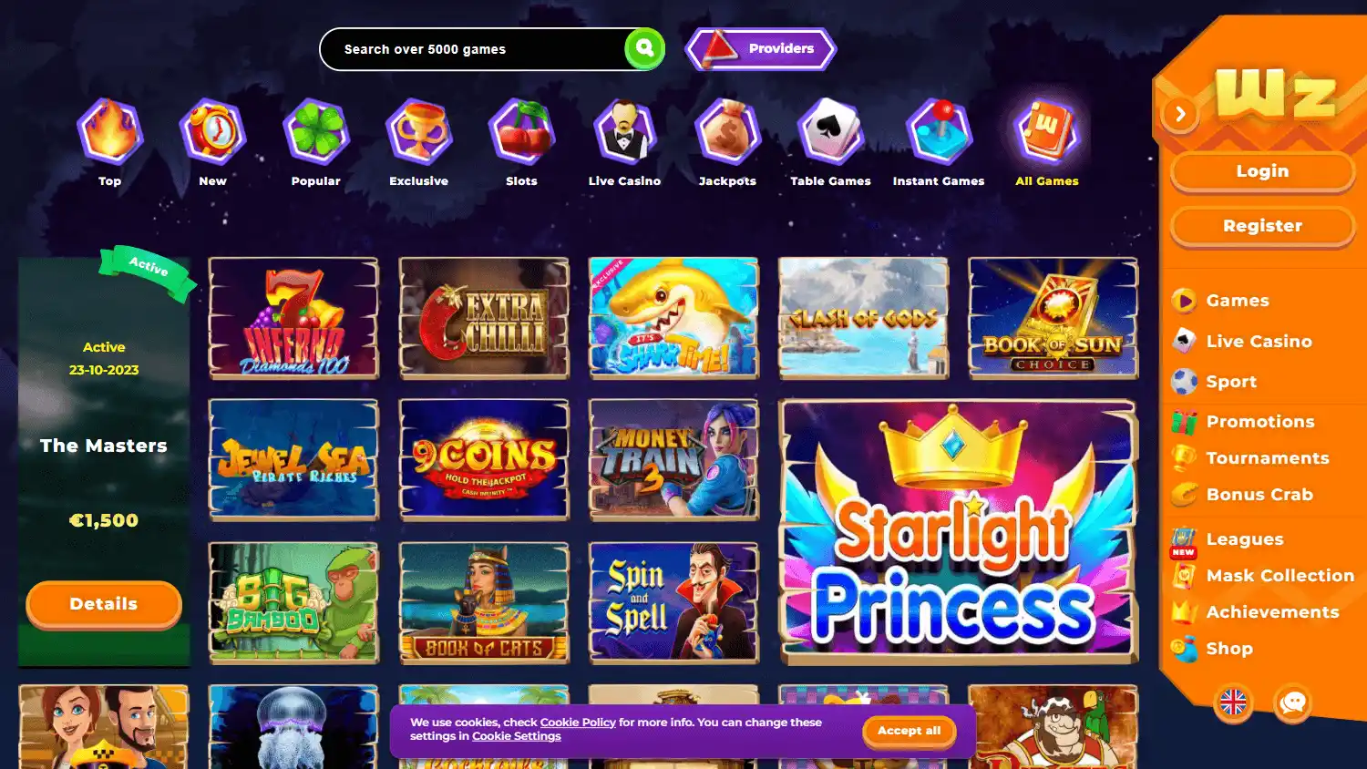 Wazamba Casino game lobby on desktop