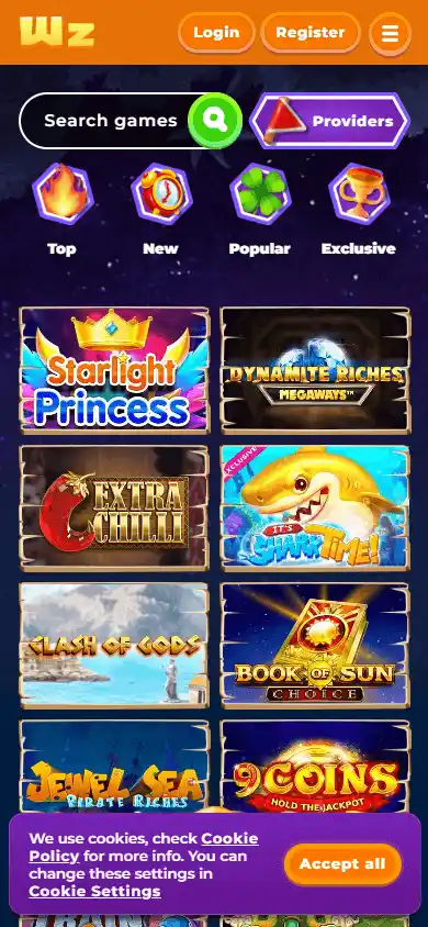Wazamba Casino game lobby on mobile