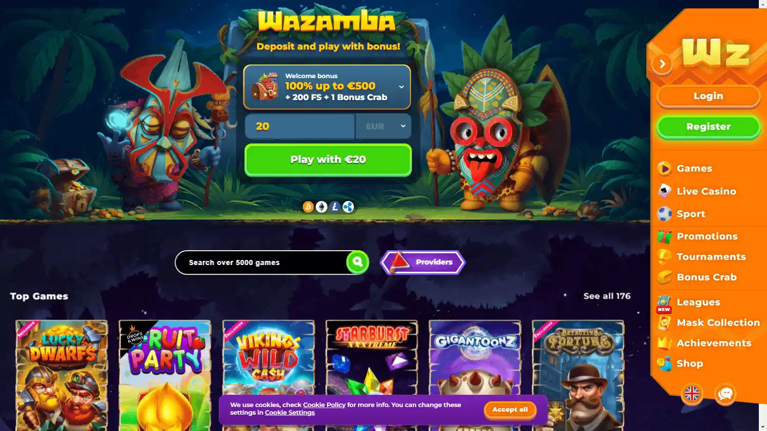 Wazamba Casino homepage on desktop