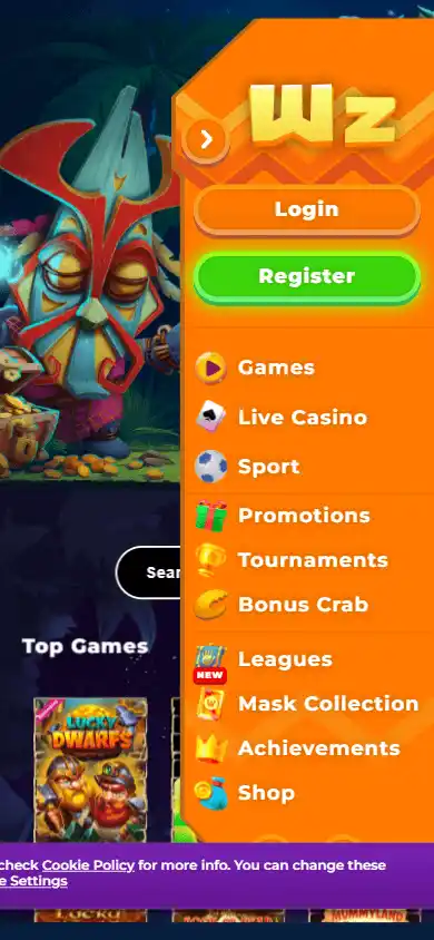 Wazamba Casino menu on mobile