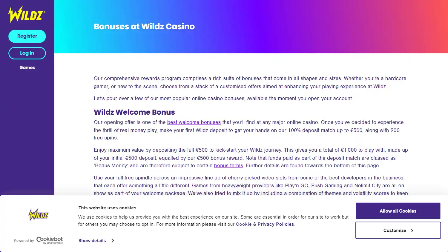 Wildz Casino bonuses page on desktop