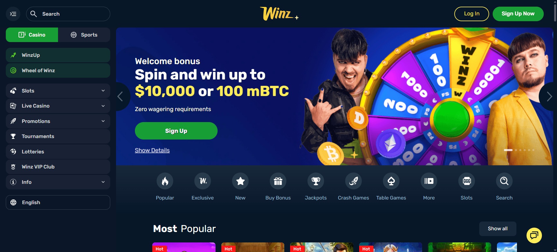 Winz.io Casino homepage on desktop