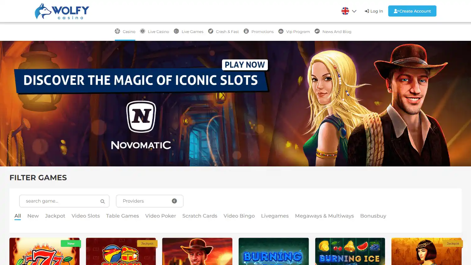 Wolfy Casino game lobby on desktop