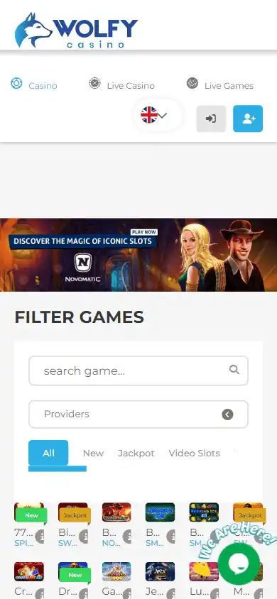 Wolfy Casino game lobby on mobile