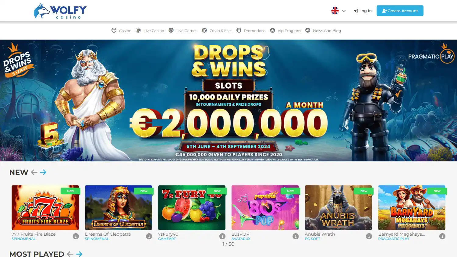 Wolfy Casino homepage on desktop