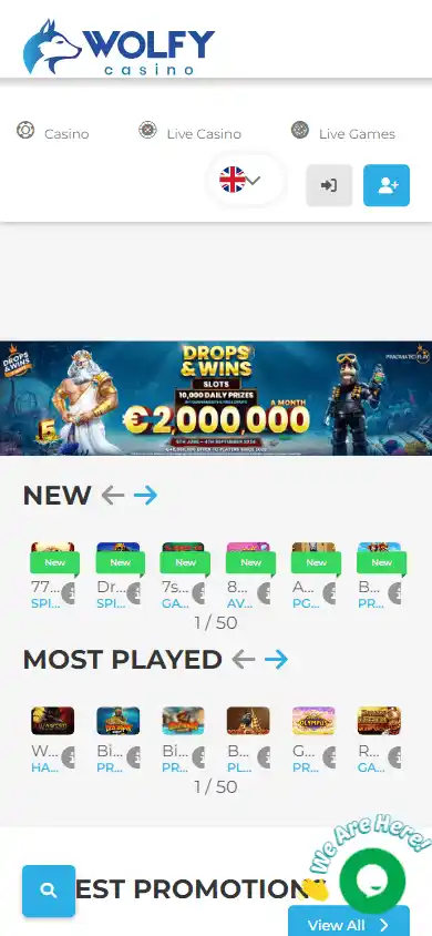 Wolfy Casino homepage on mobile